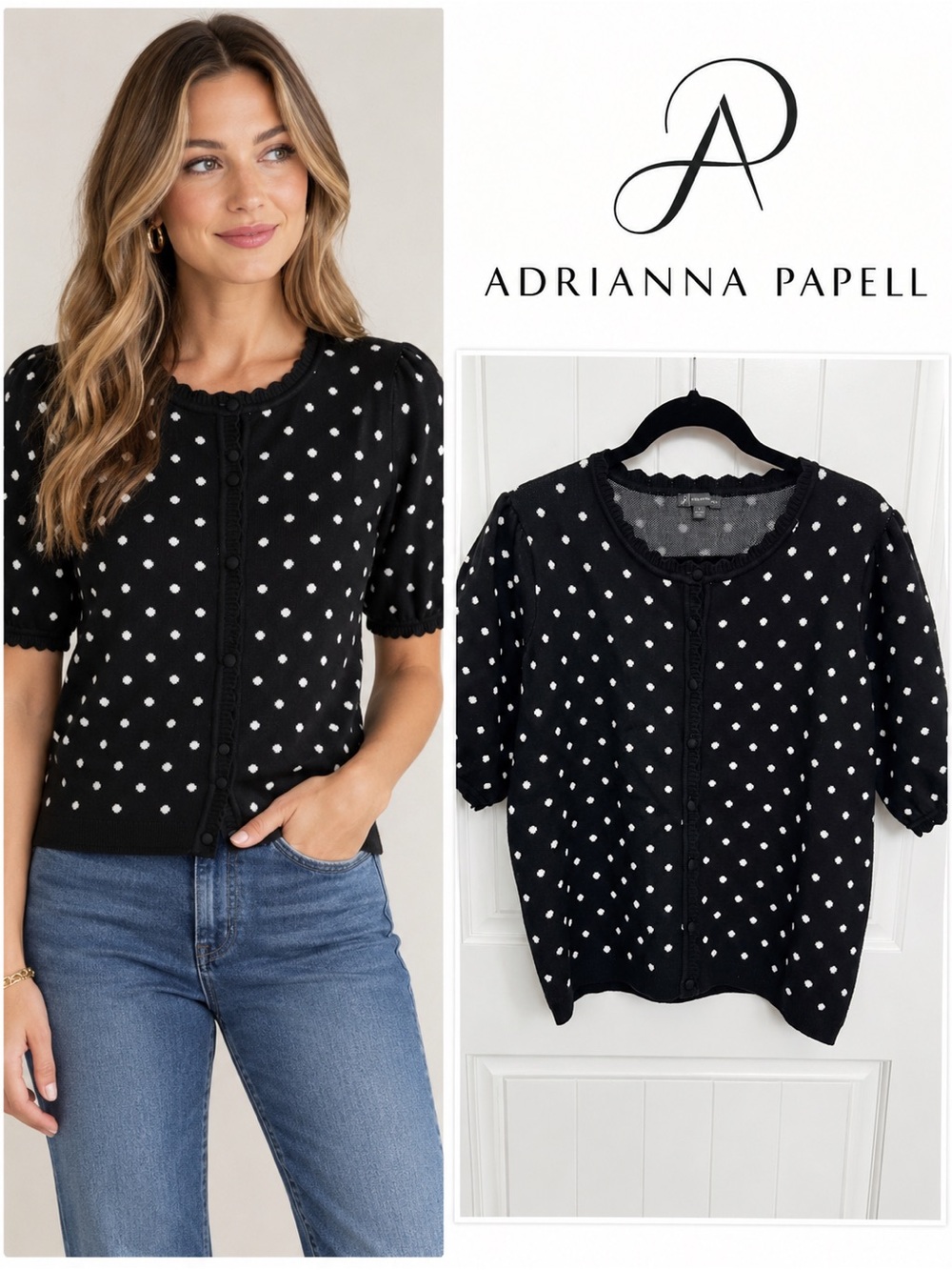 Adrianna Papell Black & White Polka Dot Button Front Sweater Top